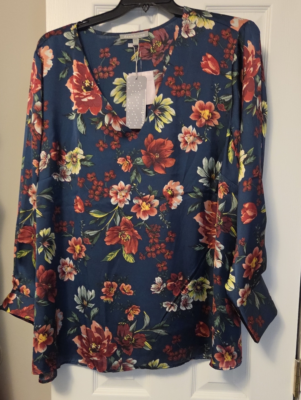 Daniel Rainn Navy Floral V-Neck Long Sleeve Blouse